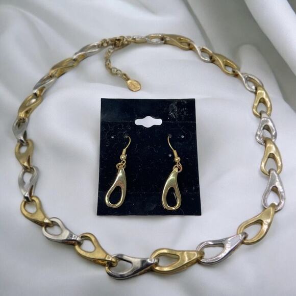Vintage 90s Grunge Punk Preppy Two-Tone Choker Necklace and Earrings Jewelry Set - Picture 1 of 6
